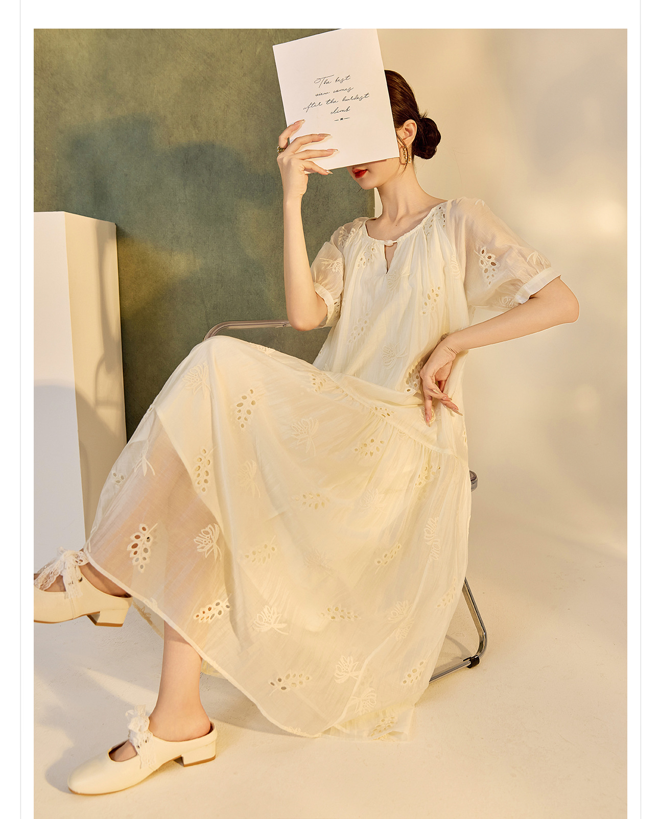 Váy suông midi Tencel phong cách Trung Quốc mới tay ngắn cổ tròn — Màu trắng be chi tiết 8