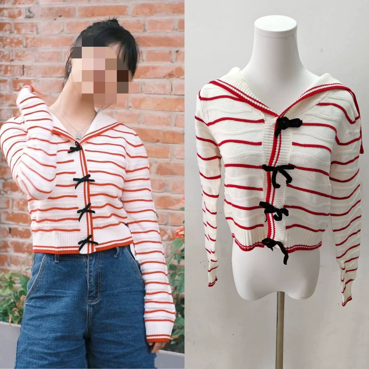 Вязаный кардиган Shen Yue Xu Mengjie в красно-белую контрастную полоску с воротником-бантом, свитер, женский осенне-зимний топ