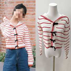 沈月徐梦洁同款蝴蝶结海军领红白撞色条纹针织开衫毛衣女秋冬上衣