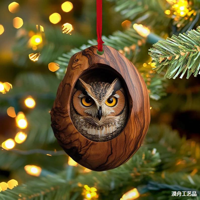 跨境新款猫头鹰浣熊圣诞装饰品圣诞树挂件2D平面打印亚克力小挂件
