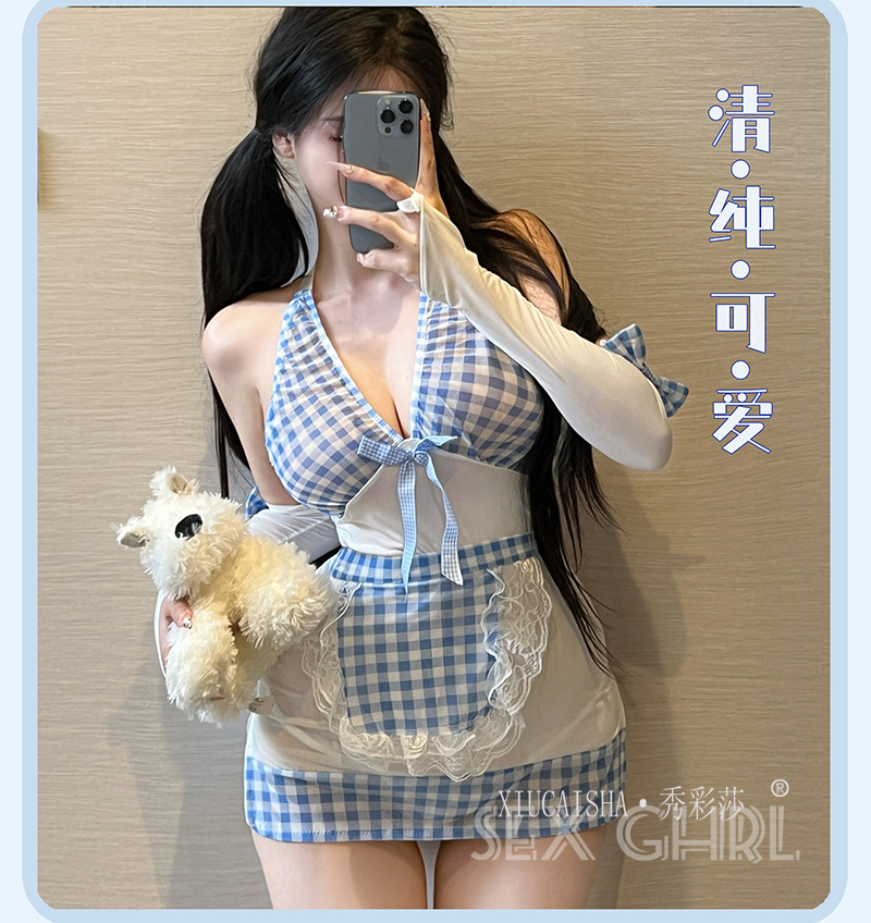 Plus-Size Maid Roleplay Lingerie Set, Blue Plaid Nightgown with Apron, Sleeves, Panties and Bow Stockings — detail image 11