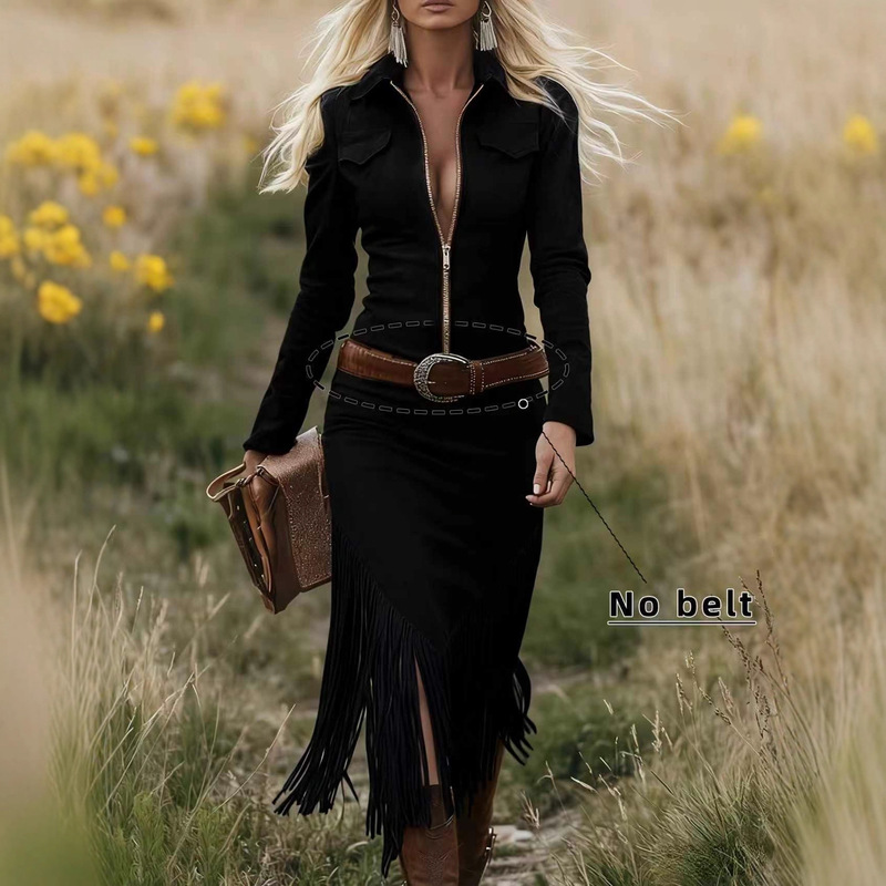 Amazon. Cross-Border 2025 Western Cowboy Style Suede Tassel Slim Long-Sleeved Dress