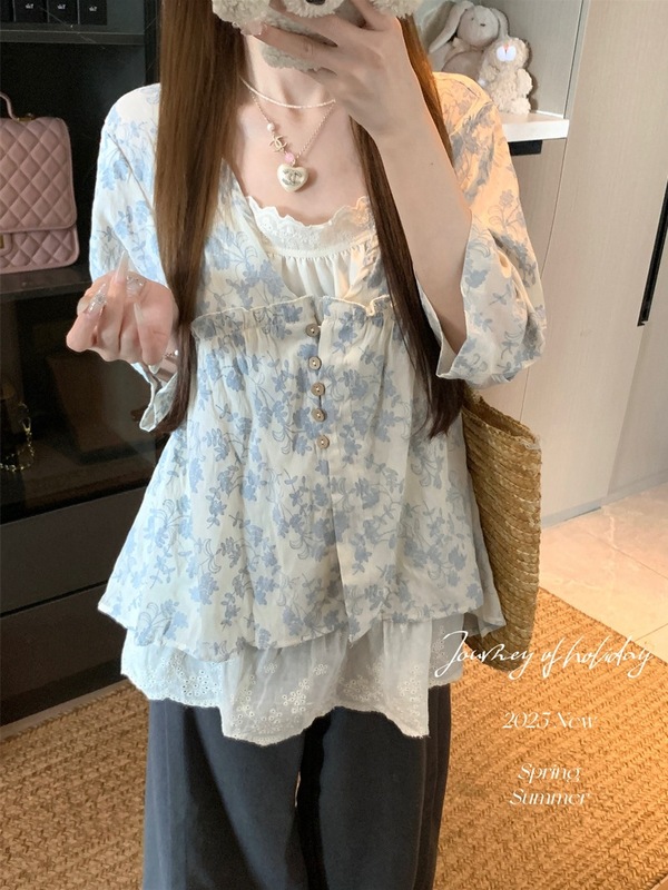 甜美风套装法式碎花V领七分袖衬衫女秋季内搭杏色吊带背心两件套|undefined