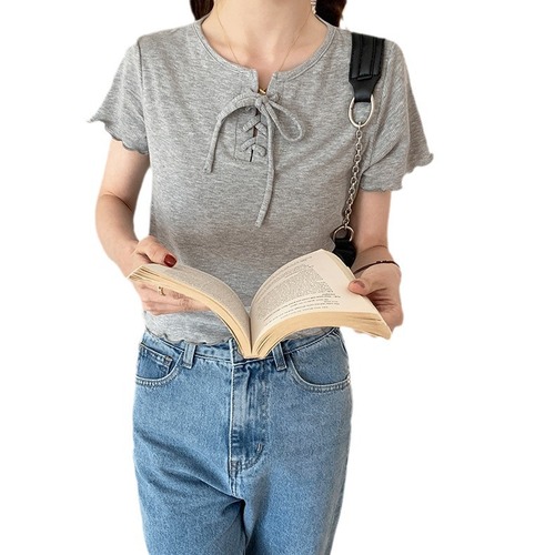 High-waisted Short-Sleeve T-Shirt for Women, Summer, Slim-Fit, Petite Design, with Ruffled Hem, Solid-Color Top