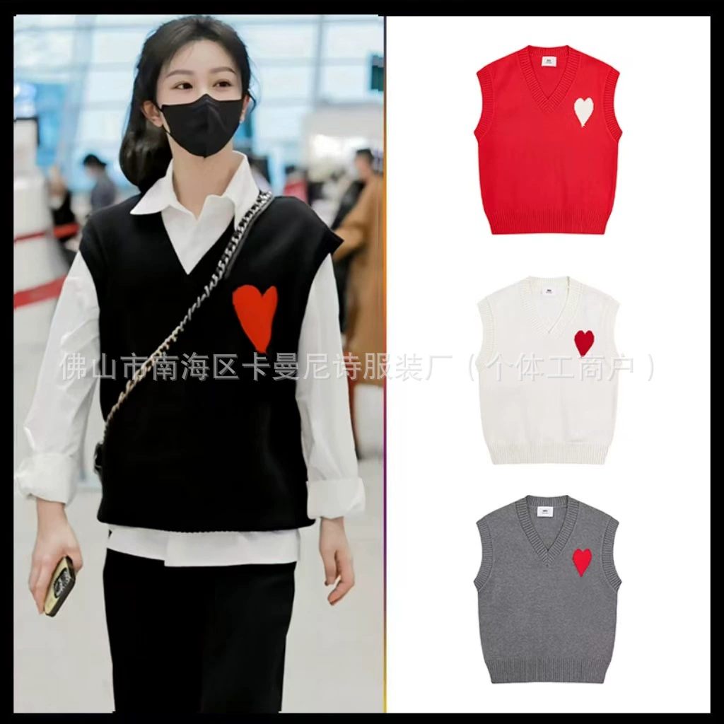 Прилив Эми V-образный шерстяной жилет большой любовный жаккардовый свитер с вышивкой повседневный свободный без рукавов пара вязаный свитер