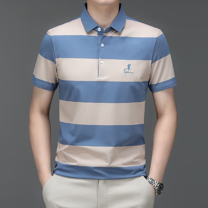 Mingdi Mouse 2024 Sommer Neues gestreiftes Kurzarm-T-Shirt mit Business-Kragen aus reiner Baumwolle, großes Herren-Poloshirt_voghion.com