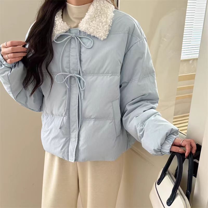 反季可爱蓝色棉衣棉服冬季短款小个子年翻领保暖外套面包棉袄