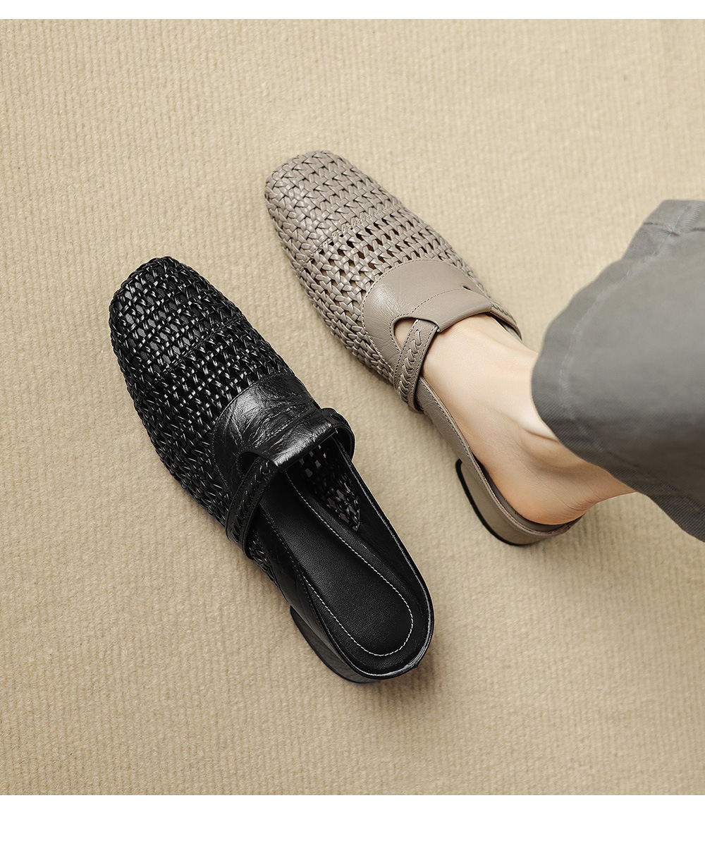 Dép sandal nữ quai chữ V đan dệt, gót thấp 3 cm, phong cách vintage — đen chi tiết 5