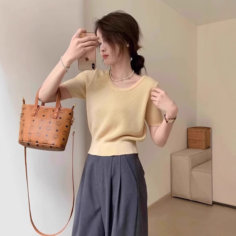 Yellow Shoulder Short-sleeved T-shirt Women's 2025 Summer New High-end All-match Slim-fit Slimming Short Knitted Top