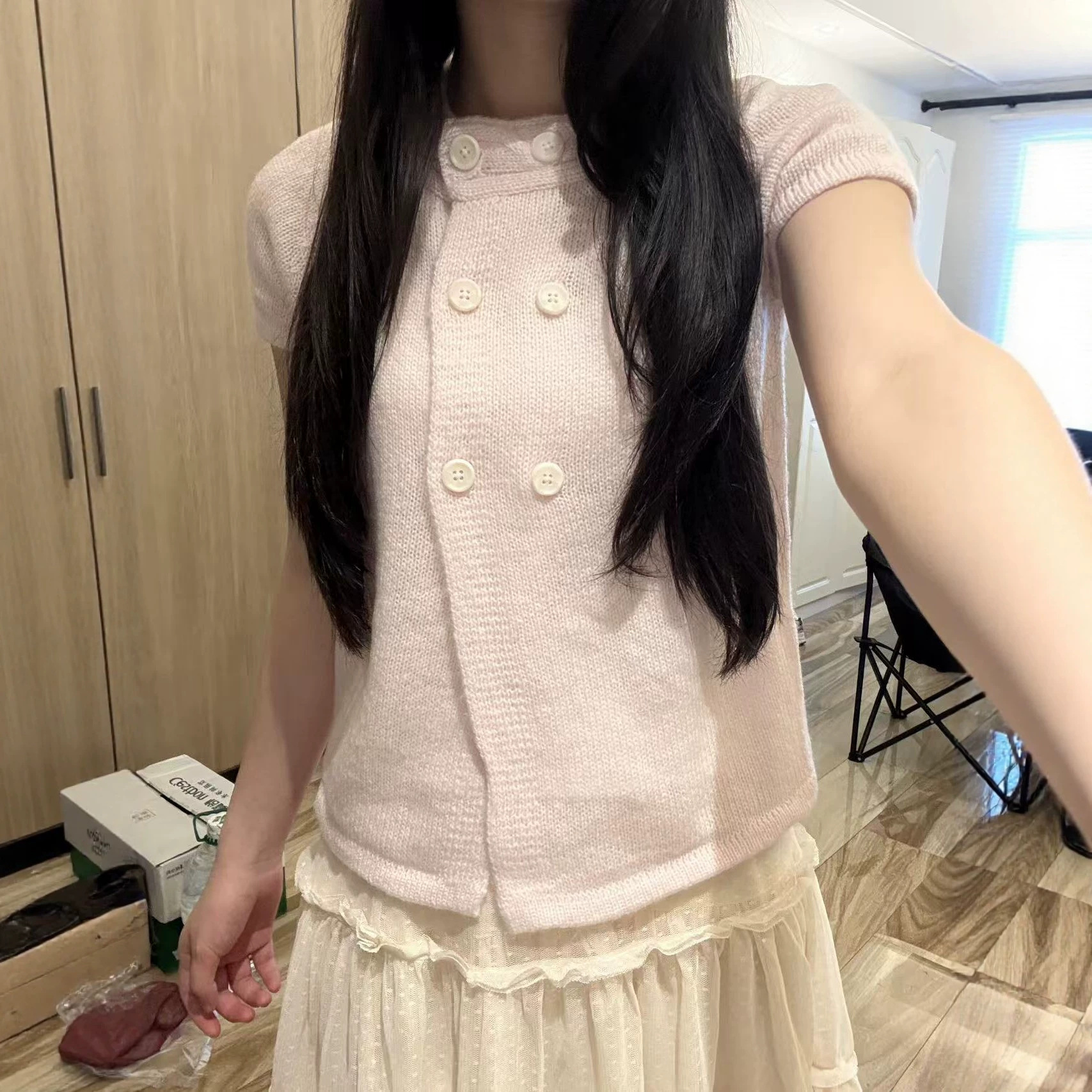 BM风韩系复古领口双排扣短袖女修身显瘦针织衫BM毛衣开衫早秋穿搭