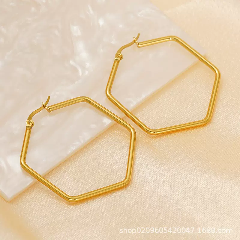 欧美时尚18K六边形圆线耳环跨境不锈钢简约气质线圈耳环饰品批发
