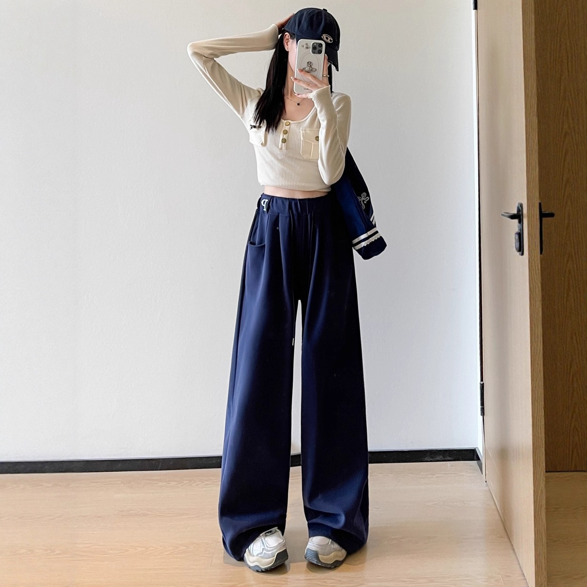 藏青色运动裤女秋季2025新款高腰垂感显瘦休闲卫裤宽松直筒阔腿裤