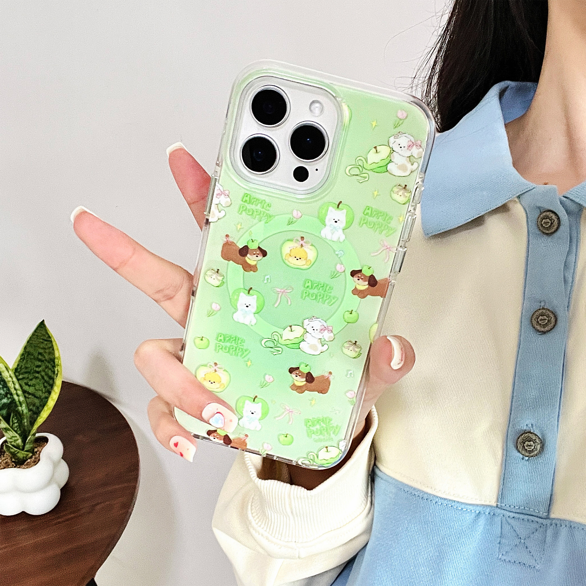 Soportes magnéticos de manzana verde 360 pequeños y frescos para iPhone15/16 funda para teléfono móvil 16ProMax femenino 14/13