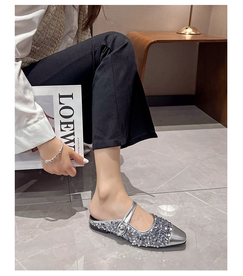Dép mule sandal nữ bít mũi vuông quai ngang đính sequin lấp lánh, gót thấp 1–3 cm — Màu bạc, Màu đen chi tiết 34
