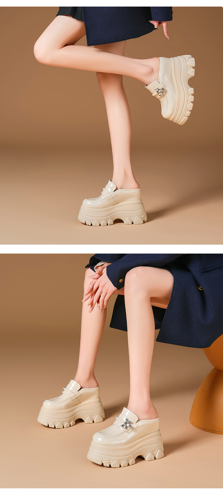 Sandal cao gót nữ mũi hở đế xuồng platform da bóng gót 12 cm — màu đen chi tiết 2