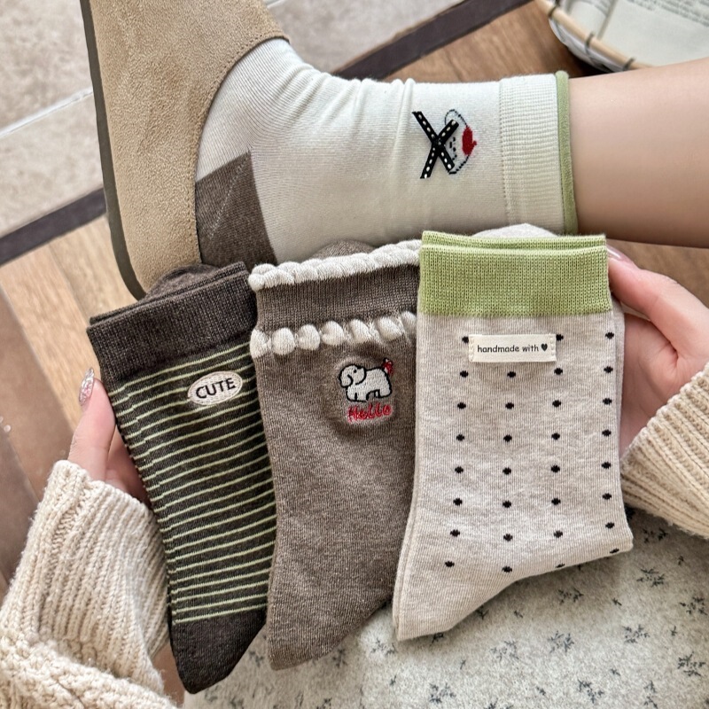 Korean-style 2026 autumn women's socks with cartoon embroidered puppies, mid-calf socks, Japanese-style bowknot striped cotton slouch socks Korean-style 2026 autumn women's socks with cartoon embroidered puppies, mid-calf socks, Japanese-style bowknot striped cotton slouch socks