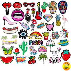 Cartoon set combination embroidery fabric sticker with heart eyes cactus hot dog swan rainbow feather embroidered fabric sticker seal