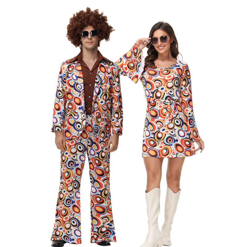 New 70 s Hippy Costume suit Halloween Vintage Party Couple Hip Hop Pattern dress Women