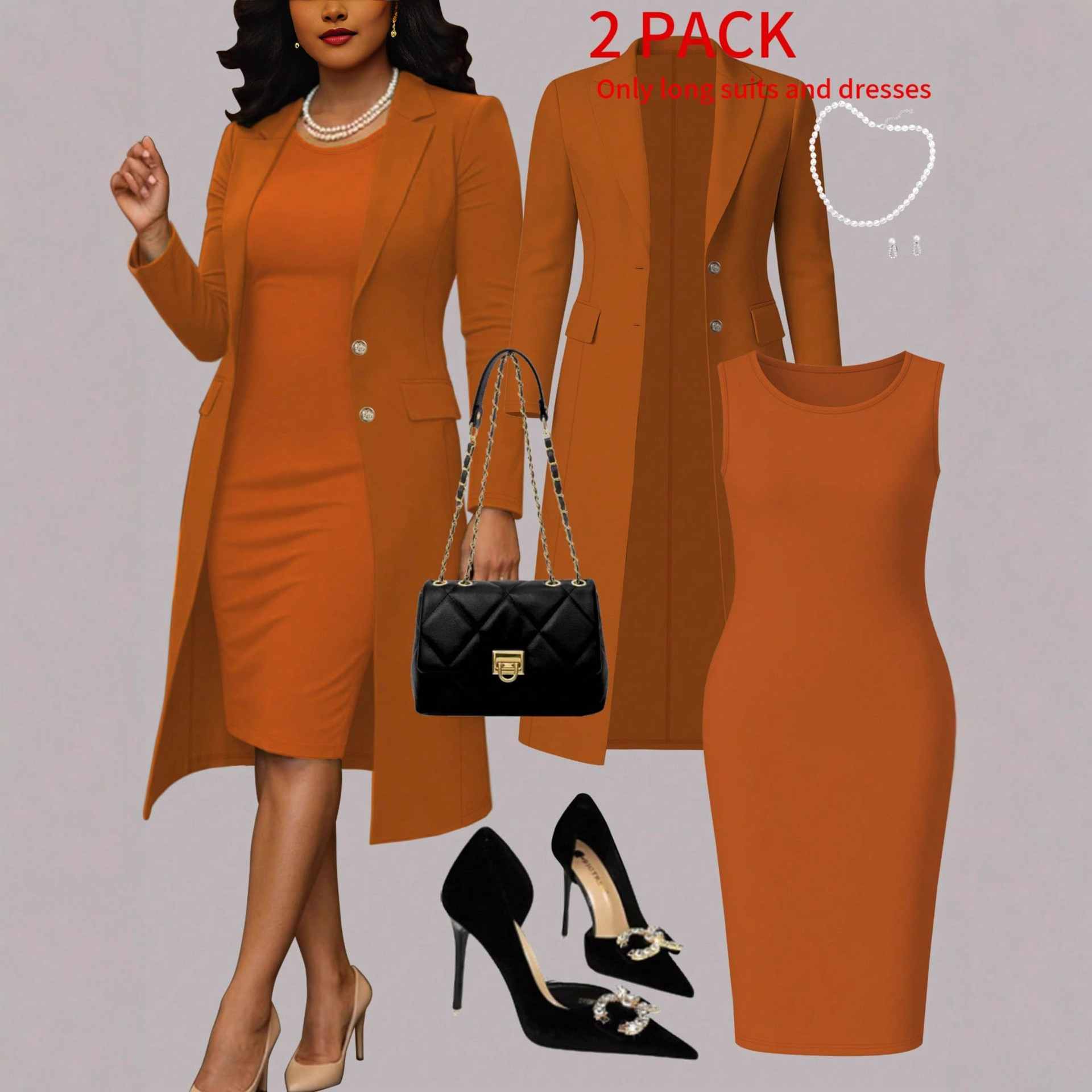 Abbigliamento da donna Completo due pezzi da donna in stile europeo-americano con blazer e abito a tinta unita, maniche lunghe, vestibilità slim, lunghezza media, senza maniche_voghion.com