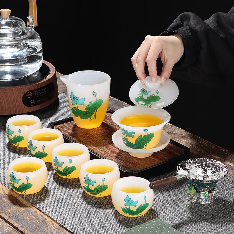 Lapis Jade Porcelain Gongfu Tea Set Gift Box Home Use Cover Bowl Tea Set Complete Set National Trend Business Handover Gift