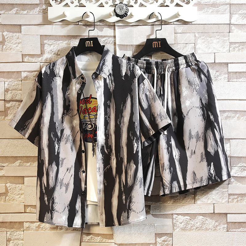 일본식 빈티지 꽃 셔츠 반팔 반바지 세트 남성 여름 푹신한 핸즈섬 전국 트렌디 비치 캐주얼 세트