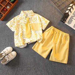 男童夏季襯衫套裝2024新款洋氣寶寶短袖潮男孩兒童酷痞帥氣兩件套