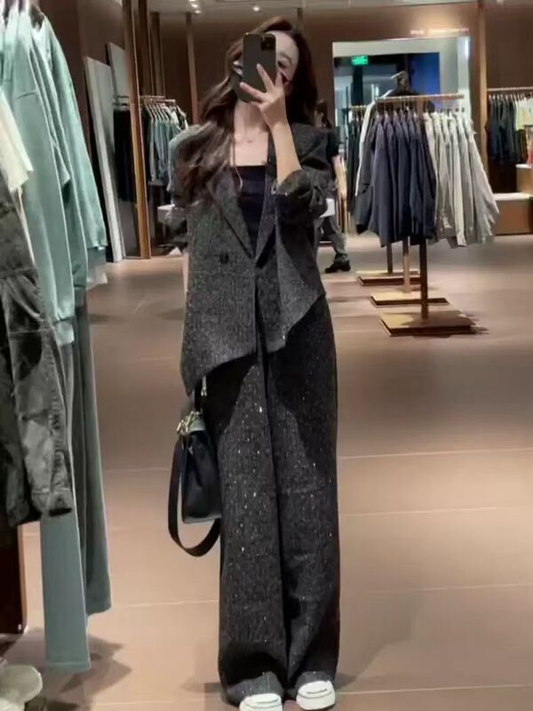 Autumn New Style Irregular Shiny Blazer for Women with High-Waisted Wide-Leg Pants Two-Piece Set