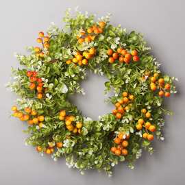 仿真花亚马逊尤加利田园花环丰收节浆果花环装饰门挂节日花环批发