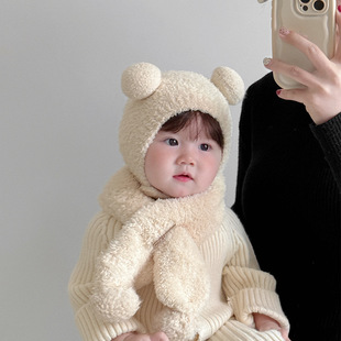 Baby's Hat Scarf Two-piece Set Winter Cute Fluffy Hat Thickened Warm Double Ball Windproof Ear Protection Hat Scarf suit