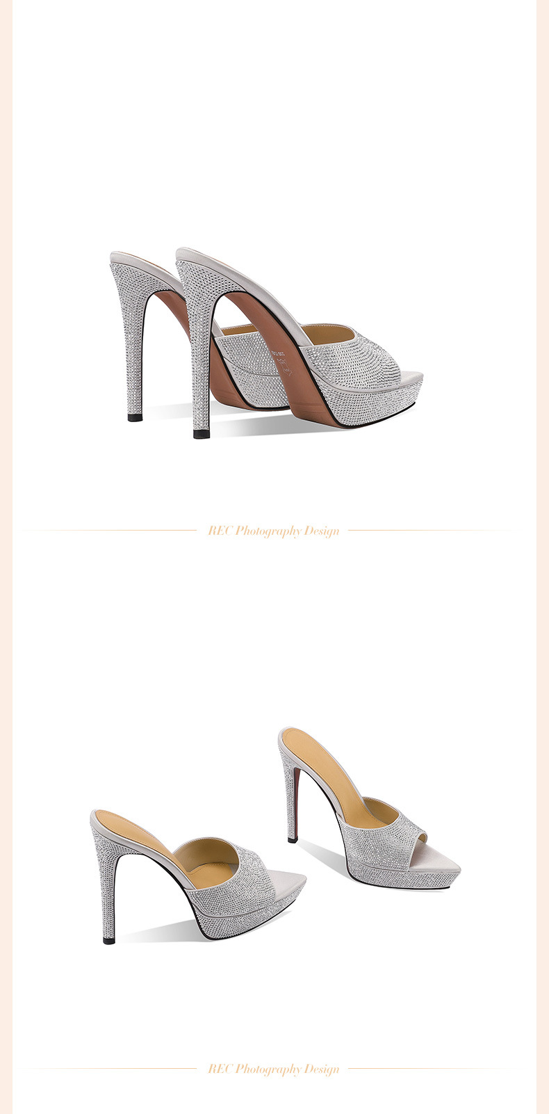 Sandal cao gót nữ hở mũi đính đá platform gót nhọn 9 cm — Champagne màu chi tiết 7