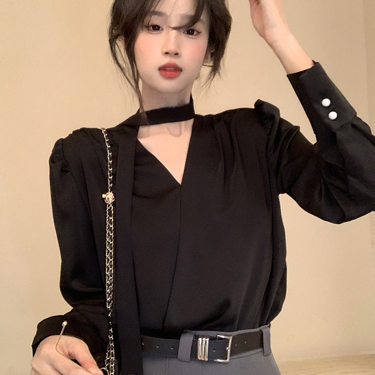 French-Style Light Luxury Elegant Socialite Halter Neck Blouse for Women, Spring and Autumn Women's Chic Shirt with a High-End Feel, Long-Sleeve Tie-Up Top French-Style Light Luxury Elegant Socialite Halter Neck Blouse for Women, Spring and Autumn Women's Chic Shirt with a High-End Feel, Long-Sleeve Tie-Up Top