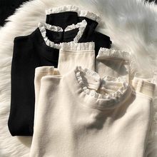 半高领德绒加厚长袖T恤打底衫女2025秋冬季蕾丝花边内搭修身上衣