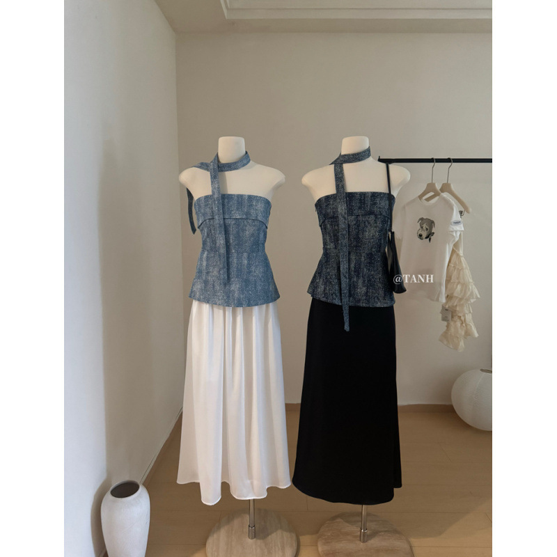2025 New Summer Style Sweet Hot Girl Ribbon Tie-Dye Washed Hot Diamond Denim Tube Top Vest for Women