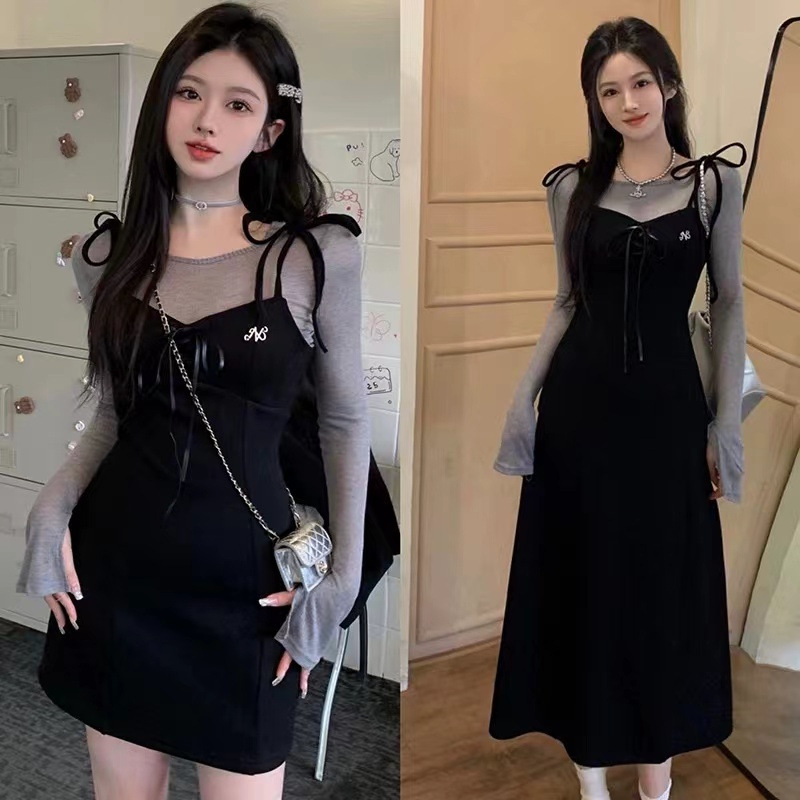 헵번 스타일 블랙 슬링 원피스 어린이 이른 봄 2025 작은 남자를위한 새로운 스타일 세트 원피스