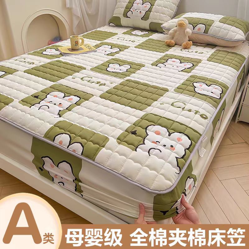 Class A Maternal and Infant Grade Cotton Padded Cotton Bed Cover Cartoon Printed Cotton Bed Cover Three-Piece Set Fully Enclosed Mattress Protective Cover