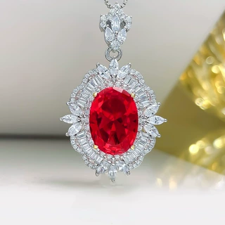 奢华玫红钻碧玺项链高级感欧美气质红刚玉鸽子蛋戒指吊坠彩宝套装
