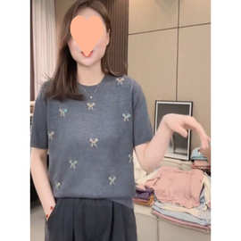 设计感蝴蝶结短袖针织T恤女2025新款夏季宽松慵懒风洋气百搭上衣