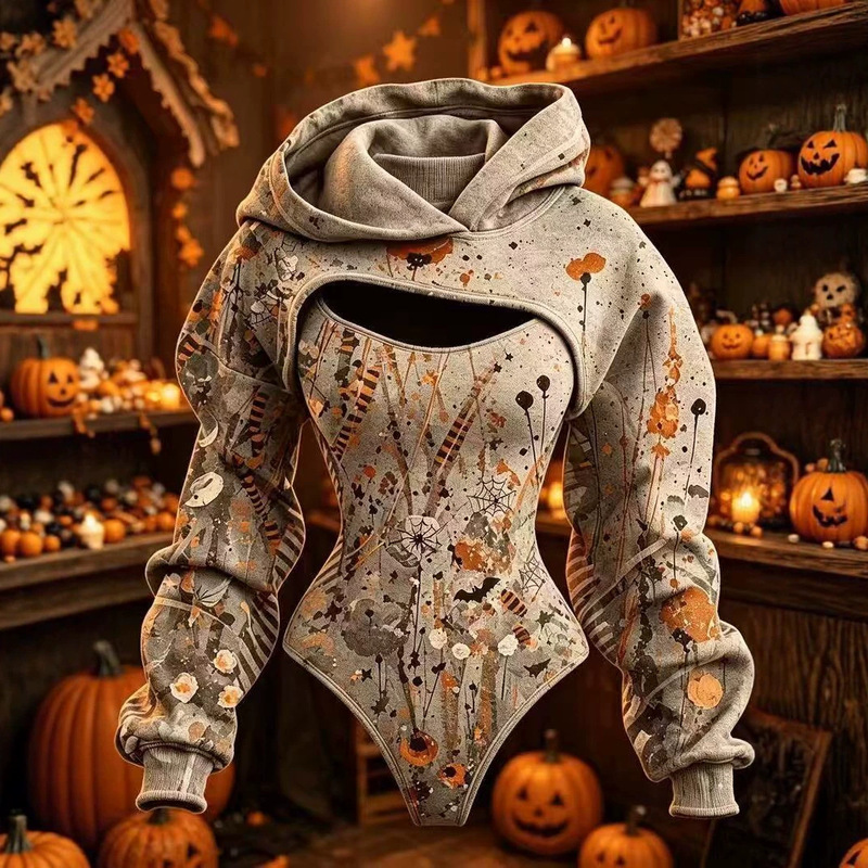 2026 European and American Cross-Border Autumn and Winter New Style Hooded Sweatshirt for Women, Hollow-Out Two-Piece Set with 3D Printed Halloween Skeleton Design 2026 European and American Cross-Border Autumn and Winter New Style Hooded Sweatshirt for Women, Hollow-Out Two-Piece Set with 3D Printed Halloween Skeleton Design