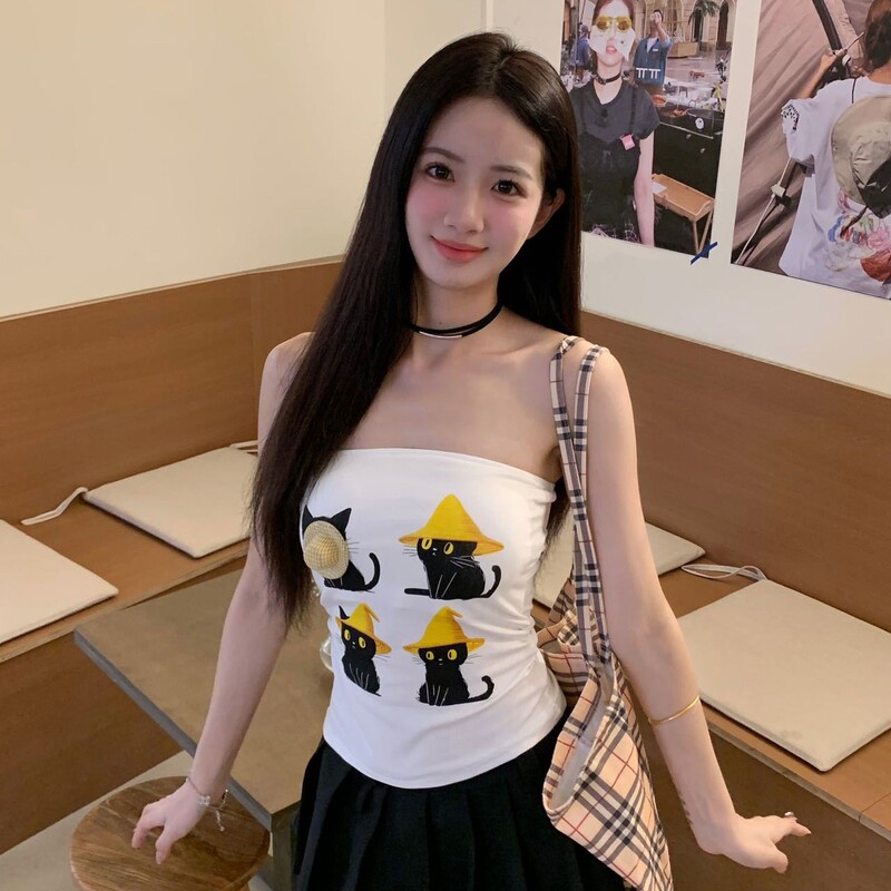 33022 # Cat Print One-Piece Vest with Beautiful Back and Chest Wrap for Women with Built-In One-Piece Fixed Breast Pad to Slim down