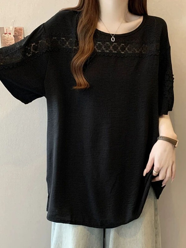 Plus-Size Women's Lace Hollow-Out Short-Sleeve Chiffon Shirt for Summer, Loose Fit, Tummy-Concealing, Stylish, Casual T-Shirt Top Plus-Size Women's Lace Hollow-Out Short-Sleeve Chiffon Shirt for Summer, Loose Fit, Tummy-Concealing, Stylish, Casual T-Shirt Top