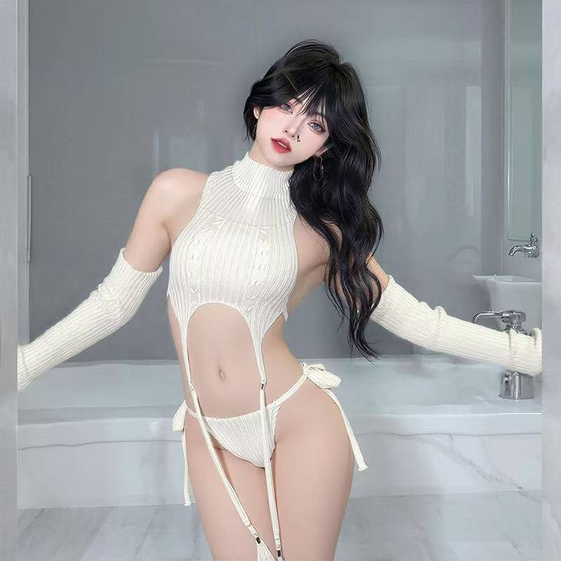 Backless Knit Role-play Sweater Set with Neck-hanging Design and Purple One-size Fit — detail image 4
