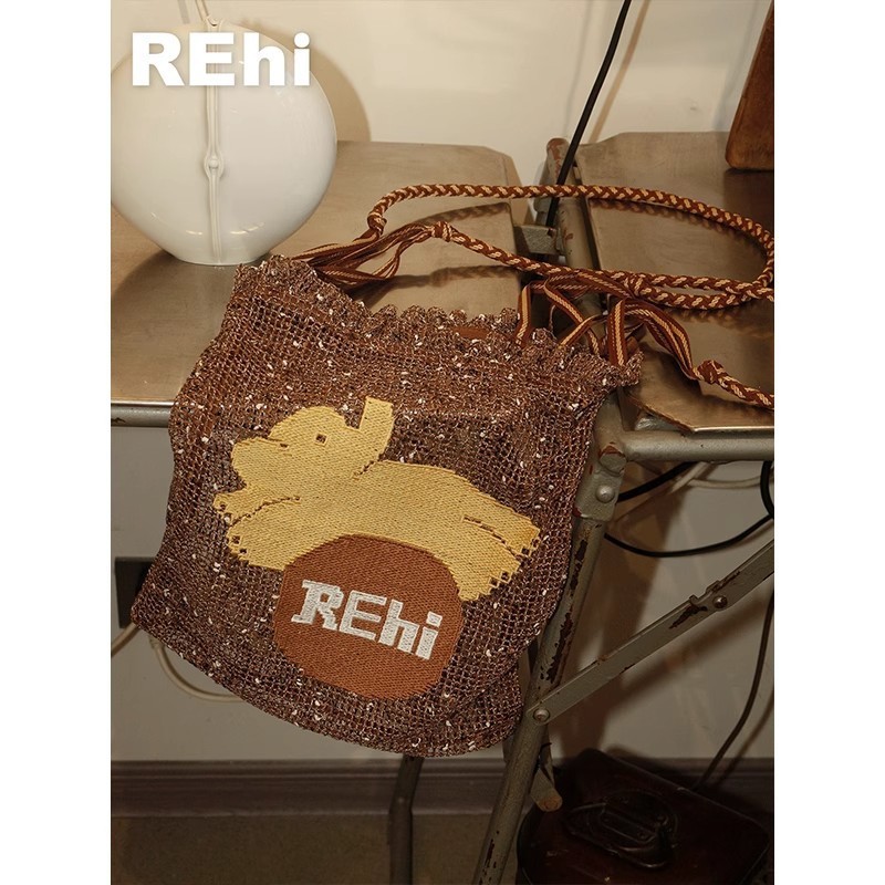 REhi 麻花兜兜袋 原创编绳小狗绣花编织大容量单肩包斜挎托特包|undefined