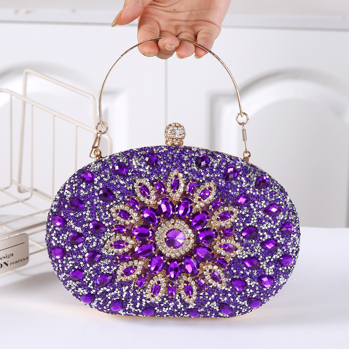 337g Weight Polyester Lining Material Lock clasp Closure Type Top Handle Strap Type Evening Bag Bags Type Party Occasion Pu Leather Material Printing Pattern All Seasons Season Women's Gender Diamond Design Elegant Style Oval Shape Small Size Pu Leather Printing Oval Evening Bags 25