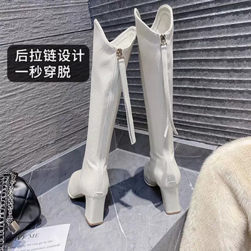 Женские сапоги на молнии не более чем на коленях зимой плюс бархатные теплые хлопчатобумажные туфли на толстых каблуках