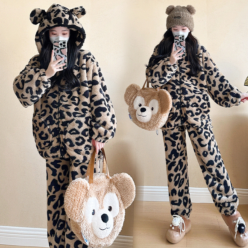 임산부 겨울 파자마 플러스 벨벳 두꺼운 레오파드 프린트 홈 의류 가을 겨울 따뜻함 조절 가능한 투피스 아우터 웨어 슈트