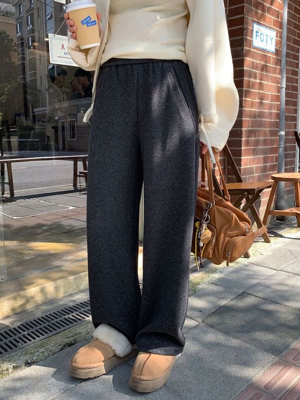 阿一 醋酸羊毛灰色毛呢裤女秋季新款宽松百搭阔腿裤子灰色休闲裤|undefined