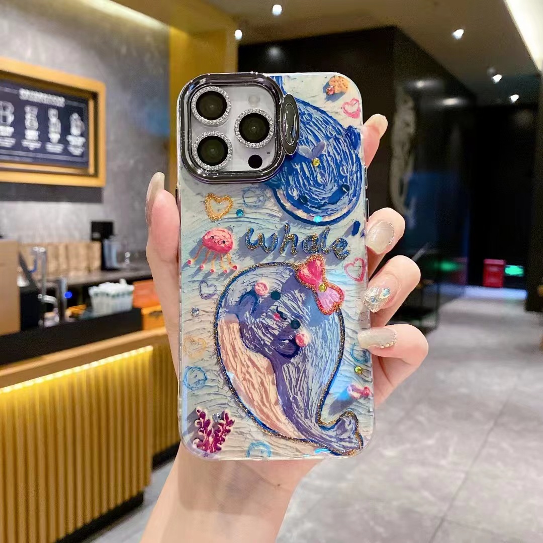 Summer Blu-ray Whale IPhone15promax Soporte de protección ocular Lente en polvo brillante Funda para teléfono móvil Apple 15 para 14