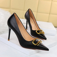 1932-7 European and American wind fashion high heels for women's shoes high heel with shallow mouth party pointed metal buckles decorated single shoes