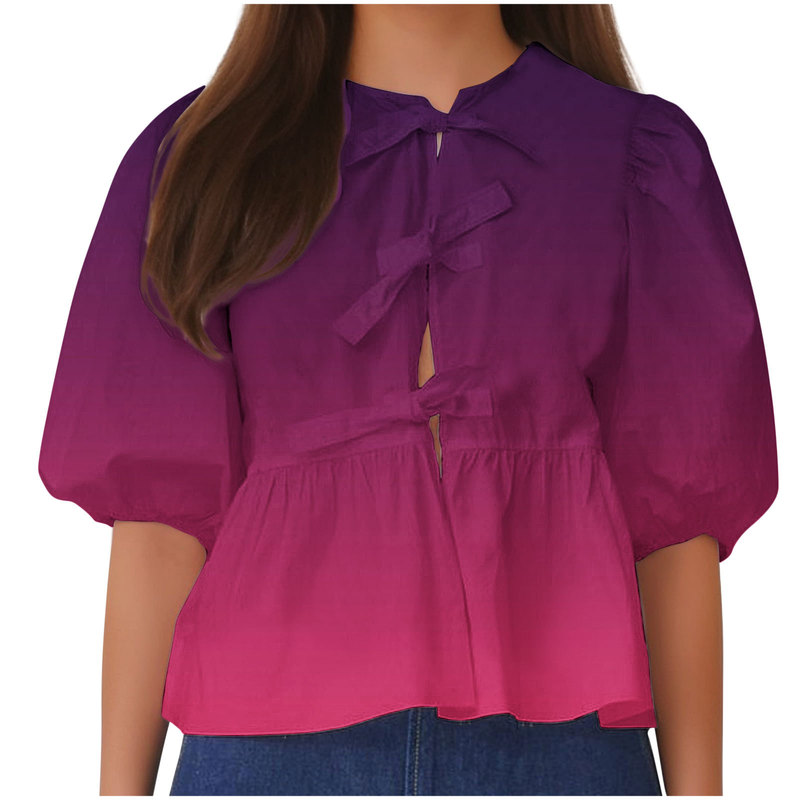 2025 Women's Front Lace Top Gradient 3D Digital Print Fashion Baby Doll Top Puff Sleeve Women's Clothing