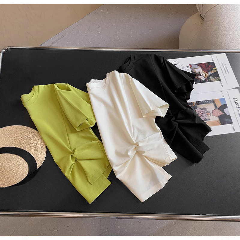 Japanese Mitsubishi Triacetate Twisted Waist Slimming Slit Short-Sleeve T-Shirt Irregular Design Tencel Top for Women